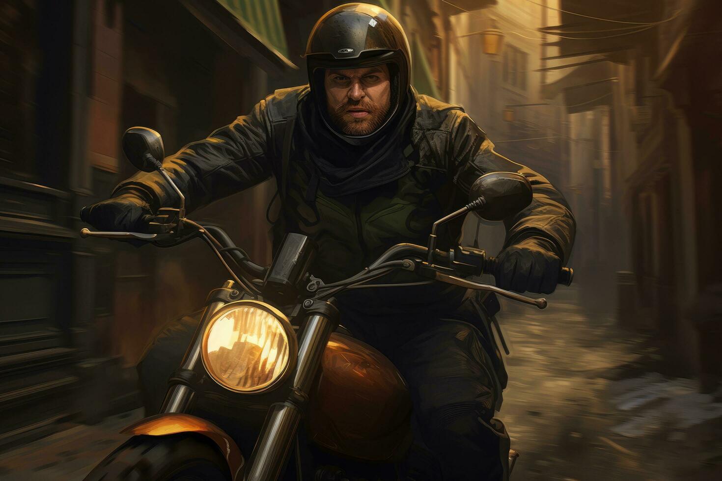 ai gerado motociclista dentro uma capacete em uma motocicleta dentro a noite cidade, uma homem vestindo uma capacete e equitação uma motocicleta, ai gerado foto