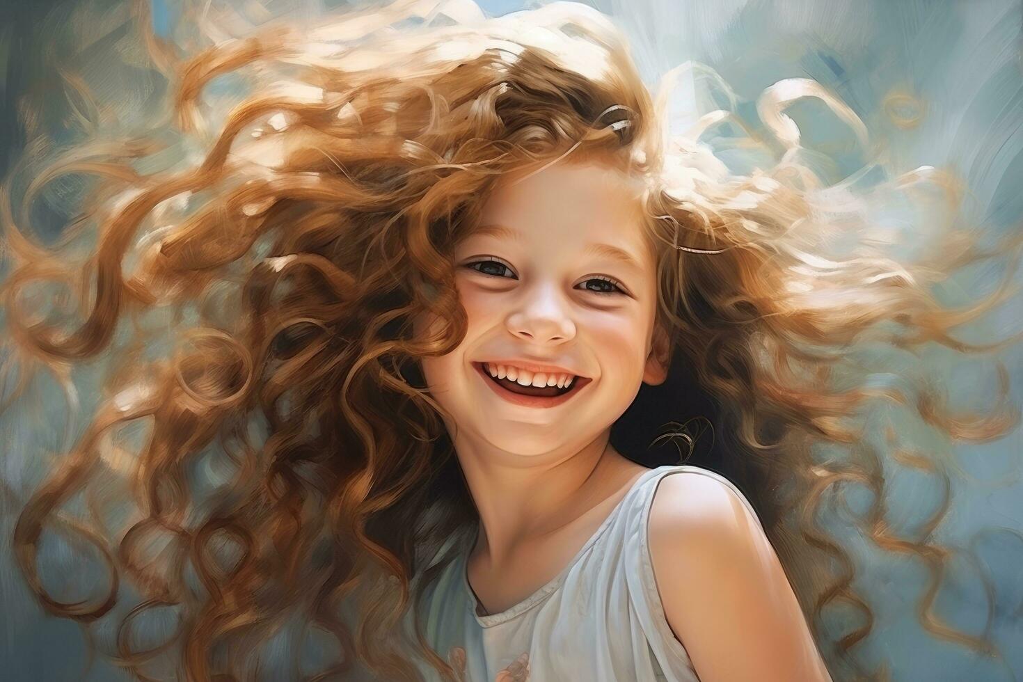 ai gerado retrato do uma lindo sorridente pequeno menina com grandes encaracolado cabelo, uma feliz menina sorrisos e dela cabelo desenvolve, ai gerado foto