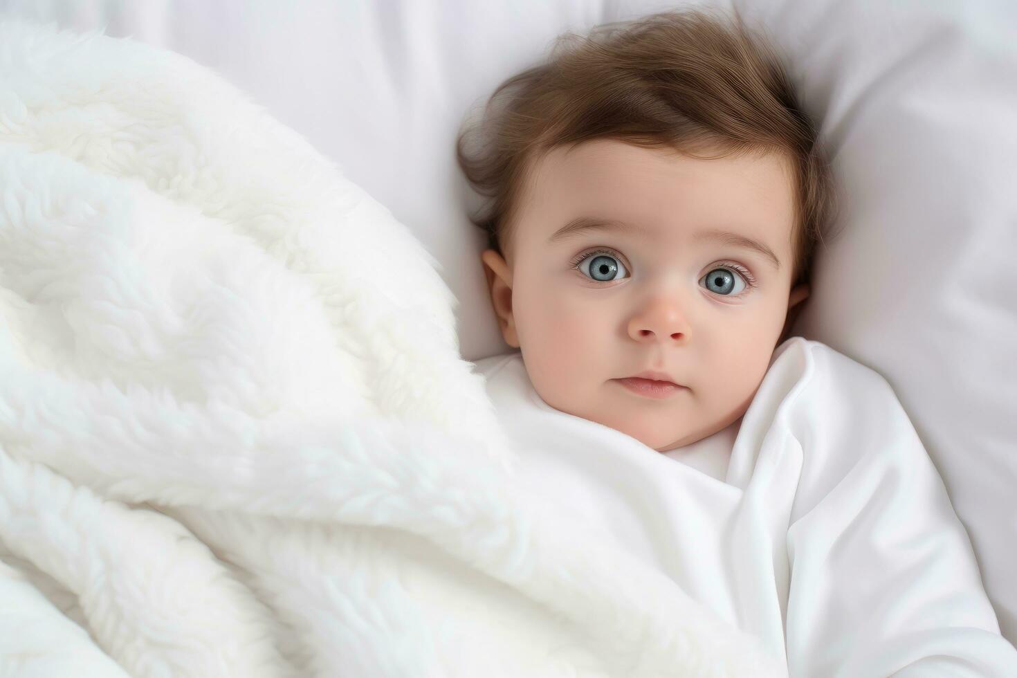 ai gerado fofa pequeno bebê deitado em branco cobertor, topo visualizar. bebê Cuidado conceito, uma foto do uma bebê deitado dentro cama com uma branco cobertor, ai gerado