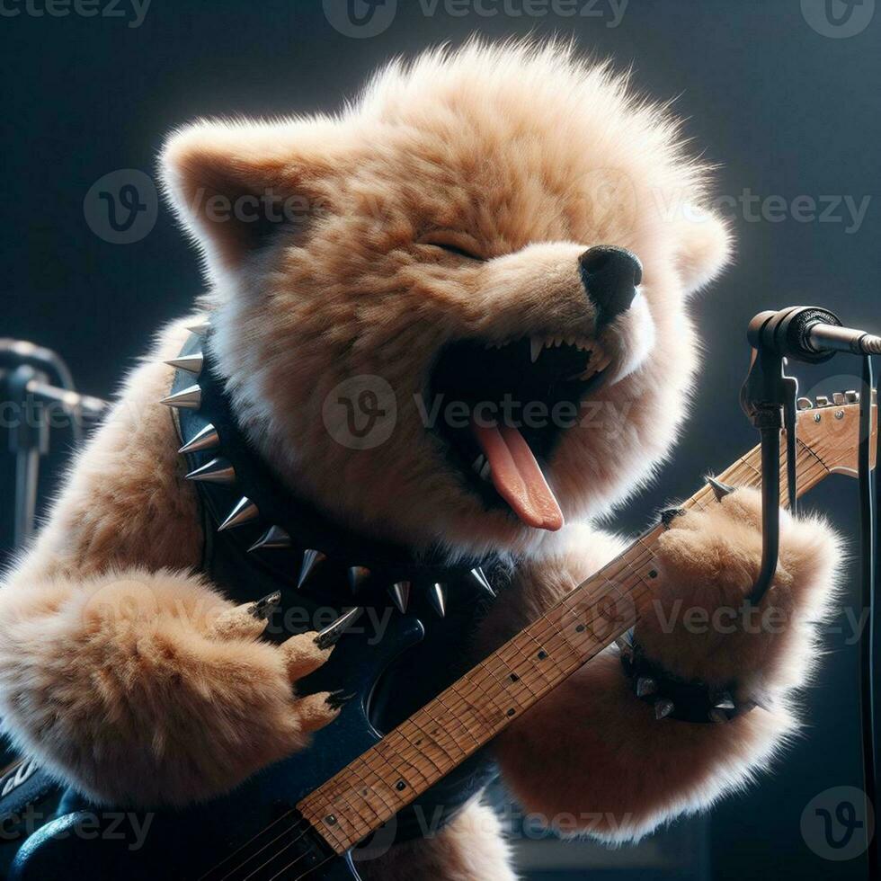 ilustração do uma cachorro jogando guitarra, cantando pedra, gerado de ai foto