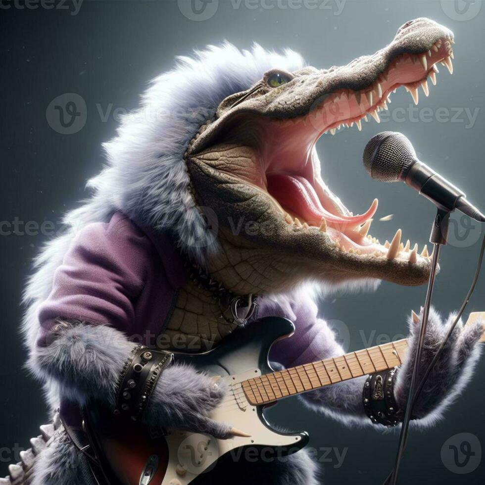 ilustração do uma crocodilo jogando guitarra, cantando pedra, gerado de ai foto