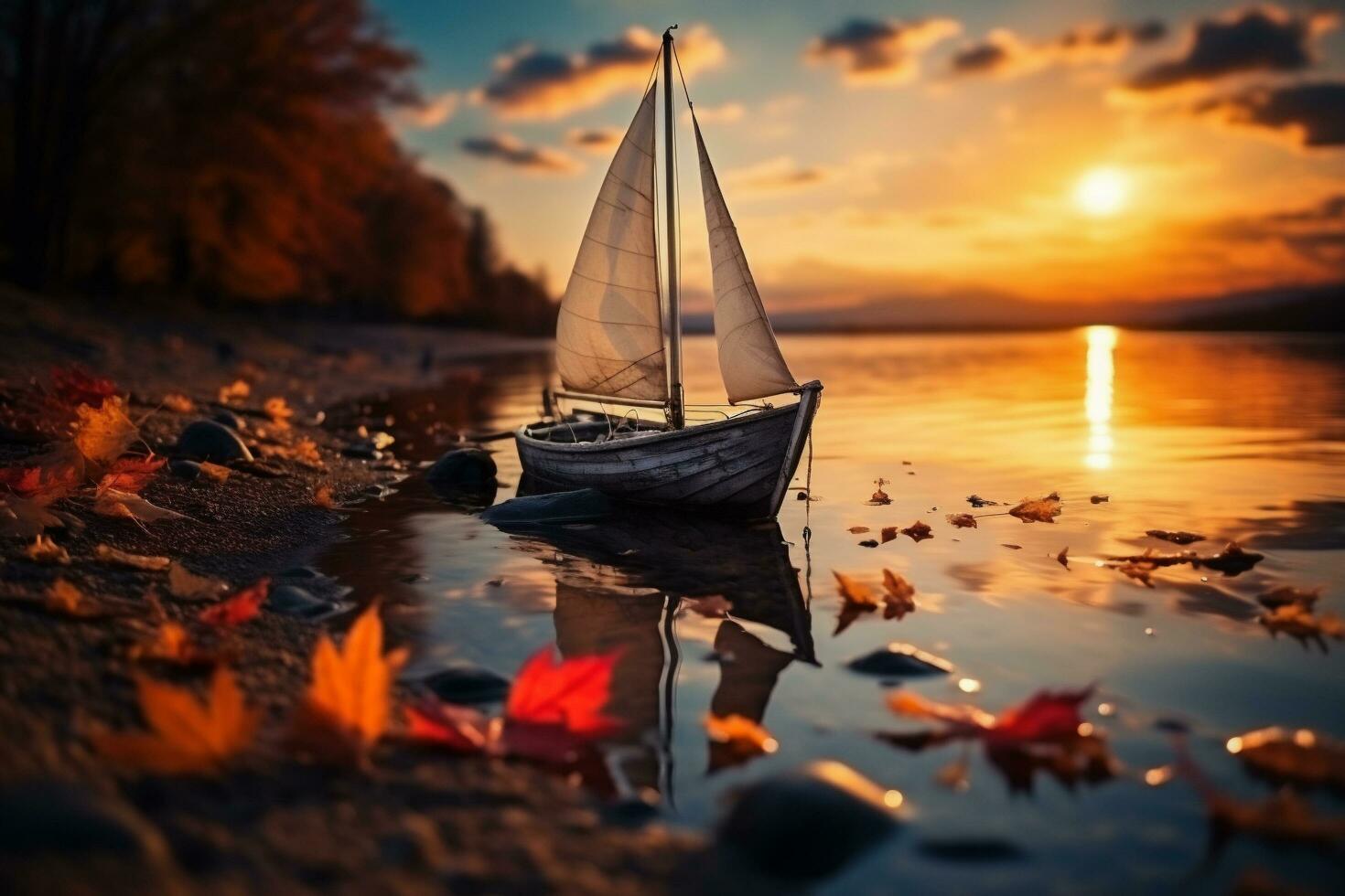 ai gerado Navegando barco em a costa do a lago com outono folhas. foto