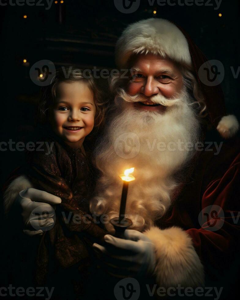 ai gerado santa claus com uma pequeno menina dentro dele braços e uma queimando vela foto