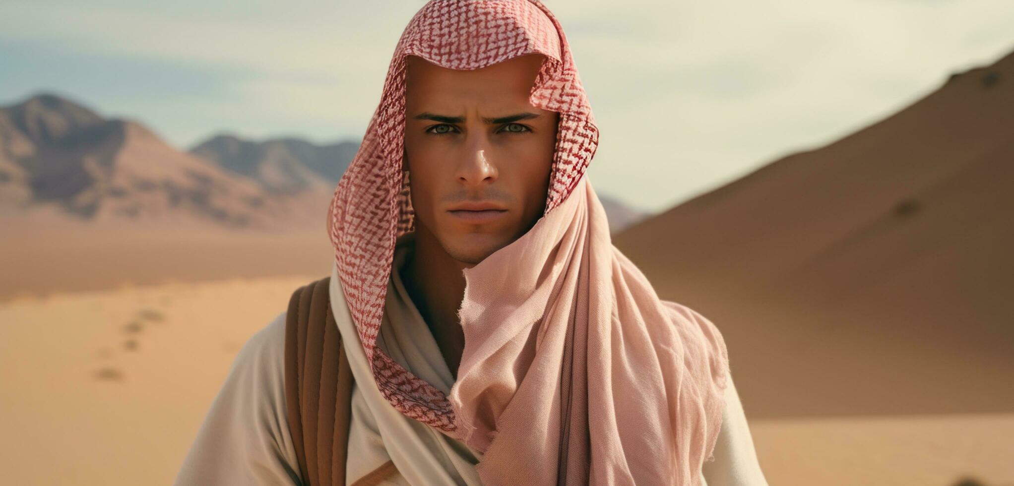 ai gerado homem dentro a deserto vestido dentro a árabe roupas foto