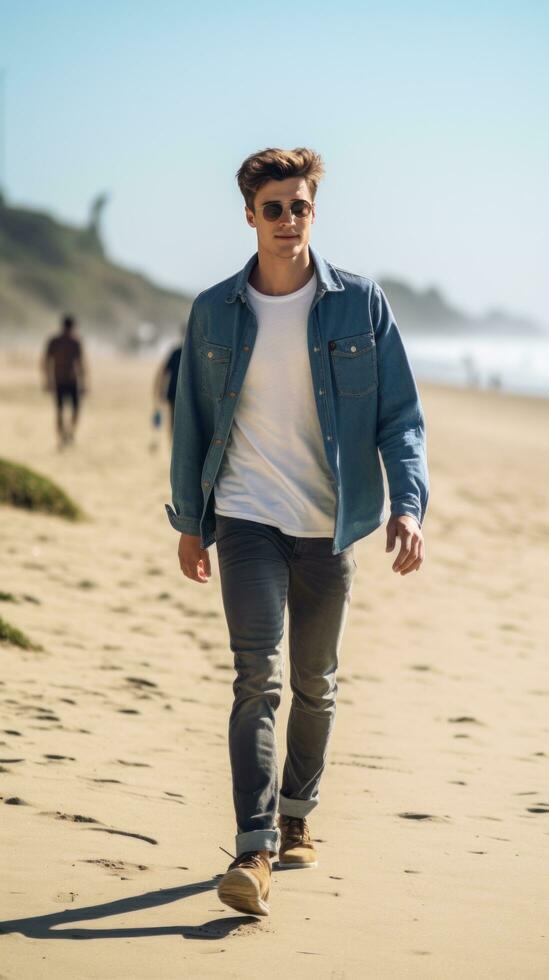 ai gerado uma homem vestindo uma casual jeans jaqueta, caminhando baixa uma ensolarado de praia com uma prancha de surfe debaixo dele braço foto