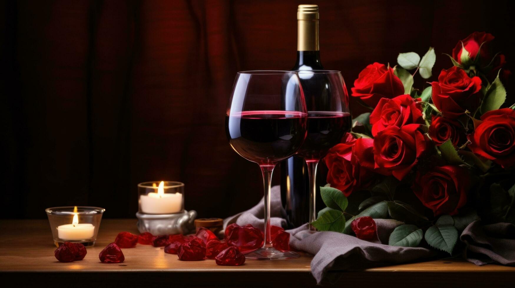 ai gerado romântico pano de fundo com vinho, rosas, e amplo espaço para íntimo expressões foto