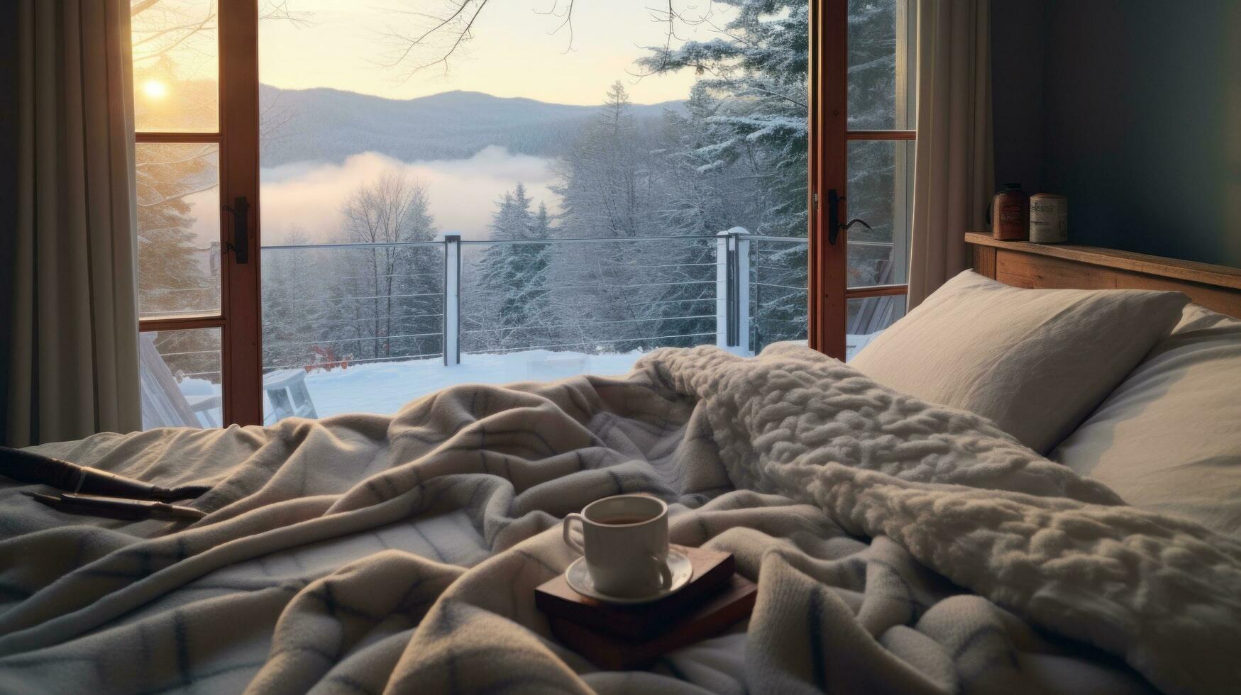 ai gerado inverno final de semana manhã, acolhedor cama, quente cacau, e uma beijado pelo gelo janela panorama foto