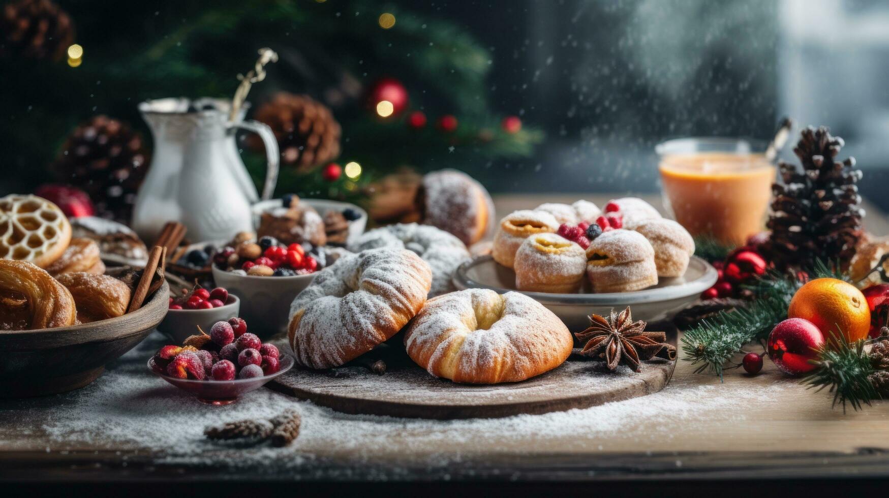 ai gerado acolhedor inverno fim de semana, feliz café da manhã com sorrisos, risada, e festivo sazonal guloseimas. foto