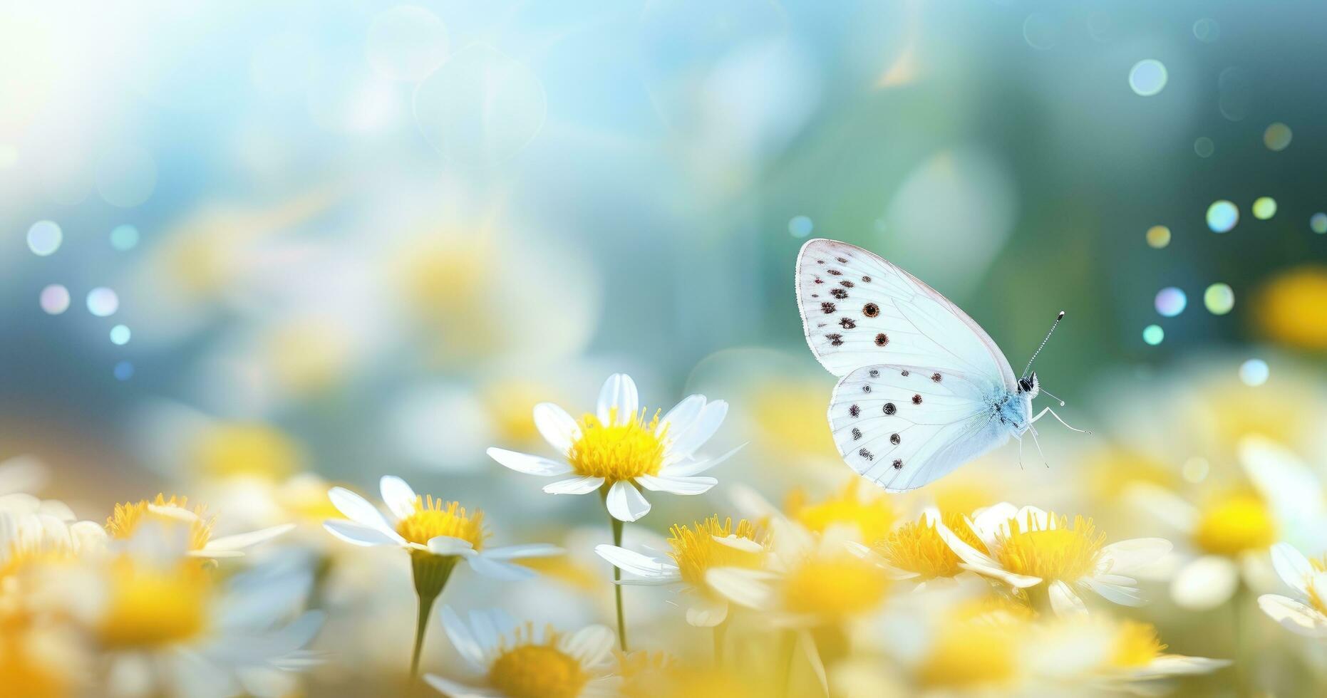 ai gerado uma branco e amarelo borboleta sentado perto uma flor foto