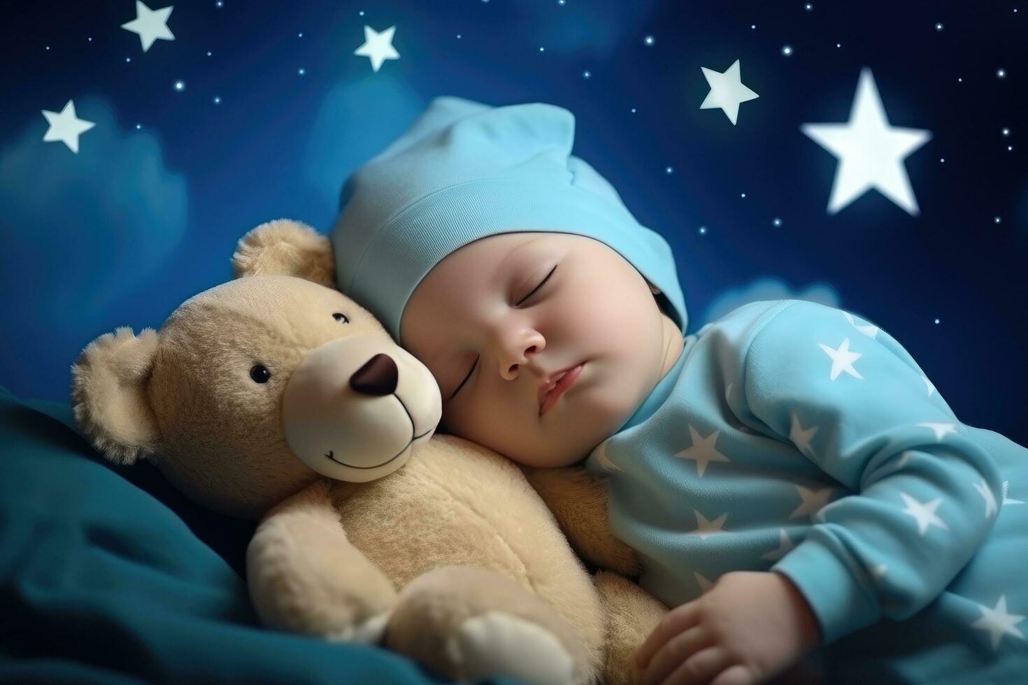 ai gerado bebê dormindo com uma Urso dormindo com estrelas foto