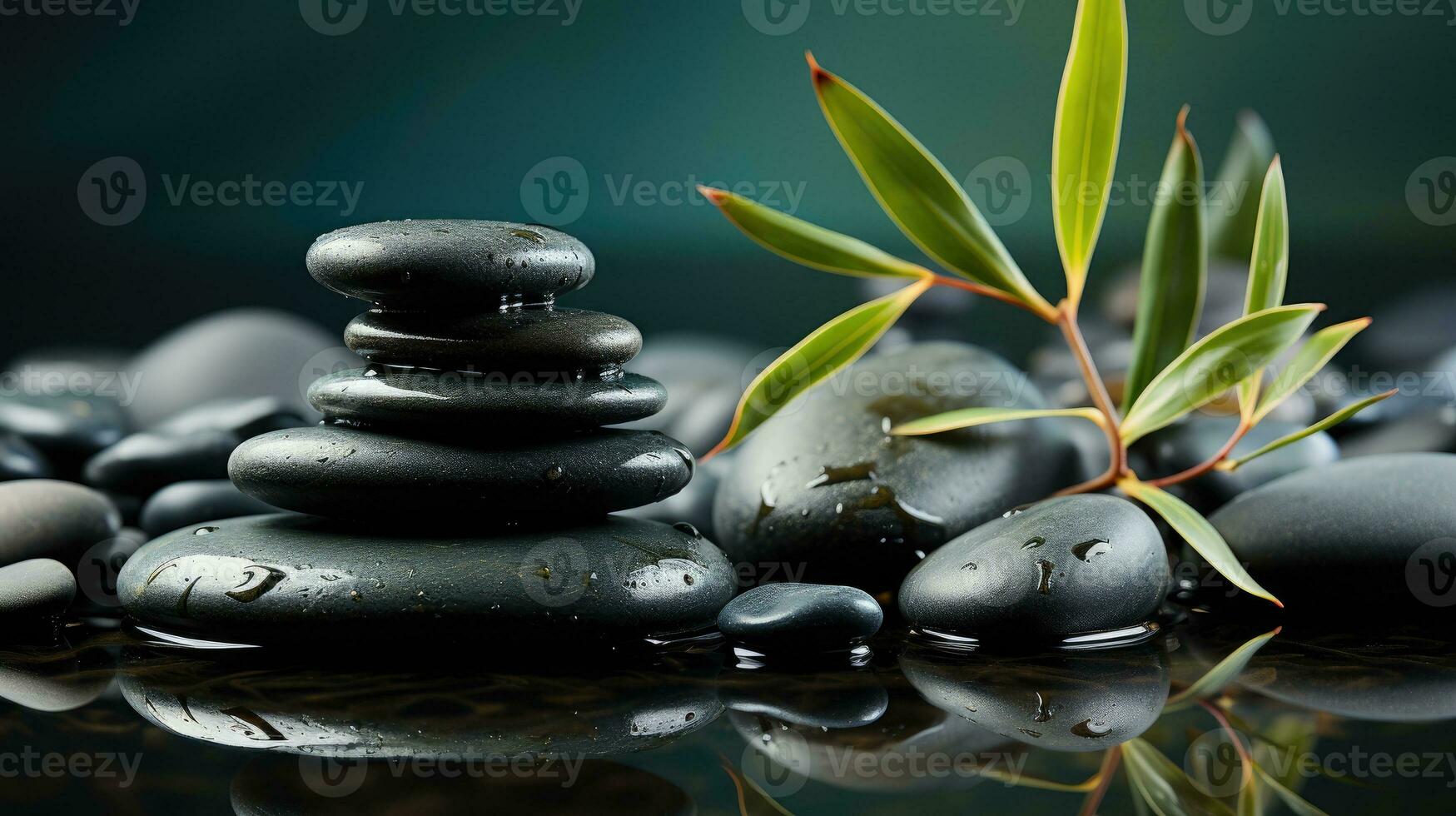 ai gerado Preto pedra monte de pedras com bambu e branco flor Rocha zen estético spa conceito com minimalista composição serenidade dentro natureza calmante atmosfera para pacífico bem estar fundo foto