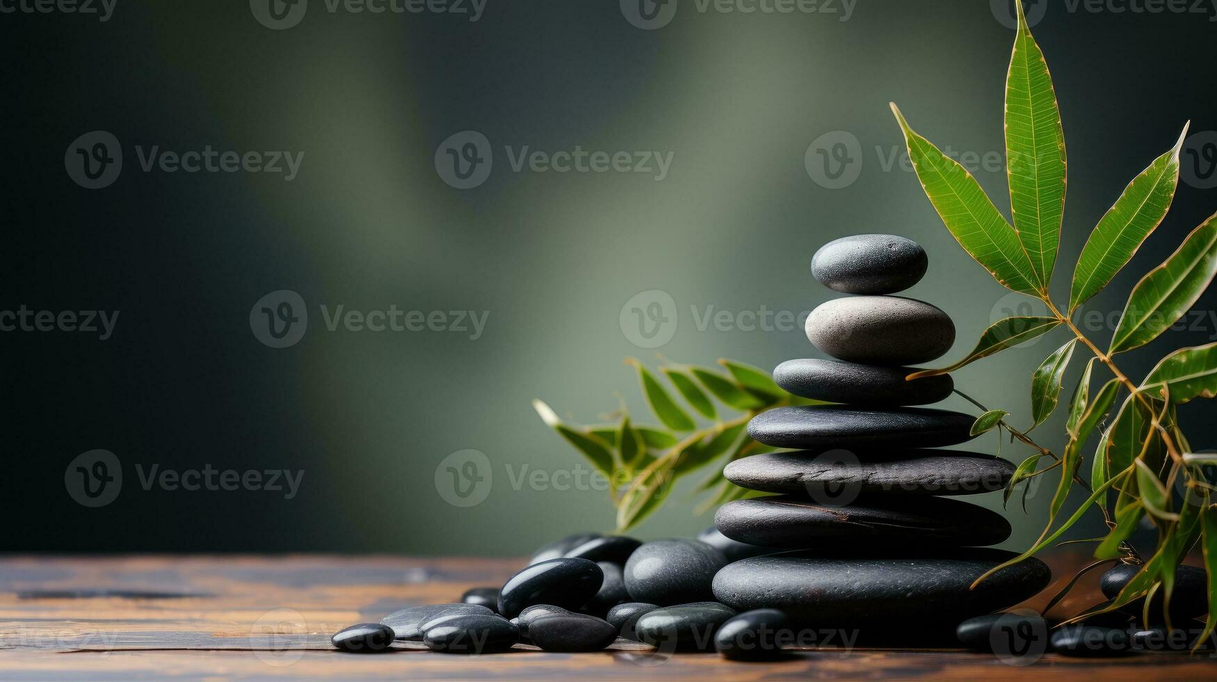 ai gerado Preto pedra monte de pedras com bambu e branco flor Rocha zen estético spa conceito com minimalista composição serenidade dentro natureza calmante atmosfera para pacífico bem estar fundo foto