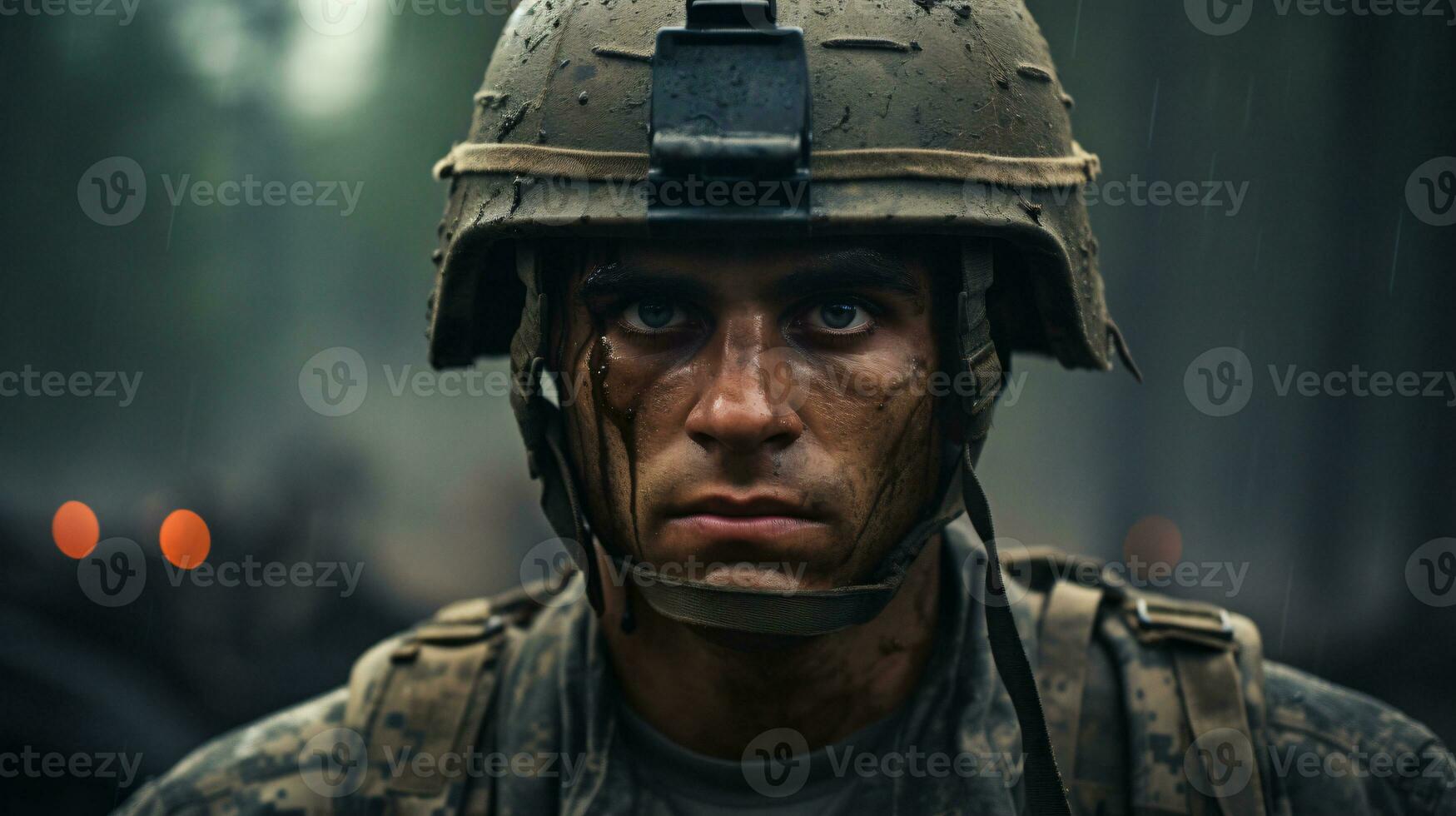 ai gerado retrato do uma soldado dentro uma guerra foto