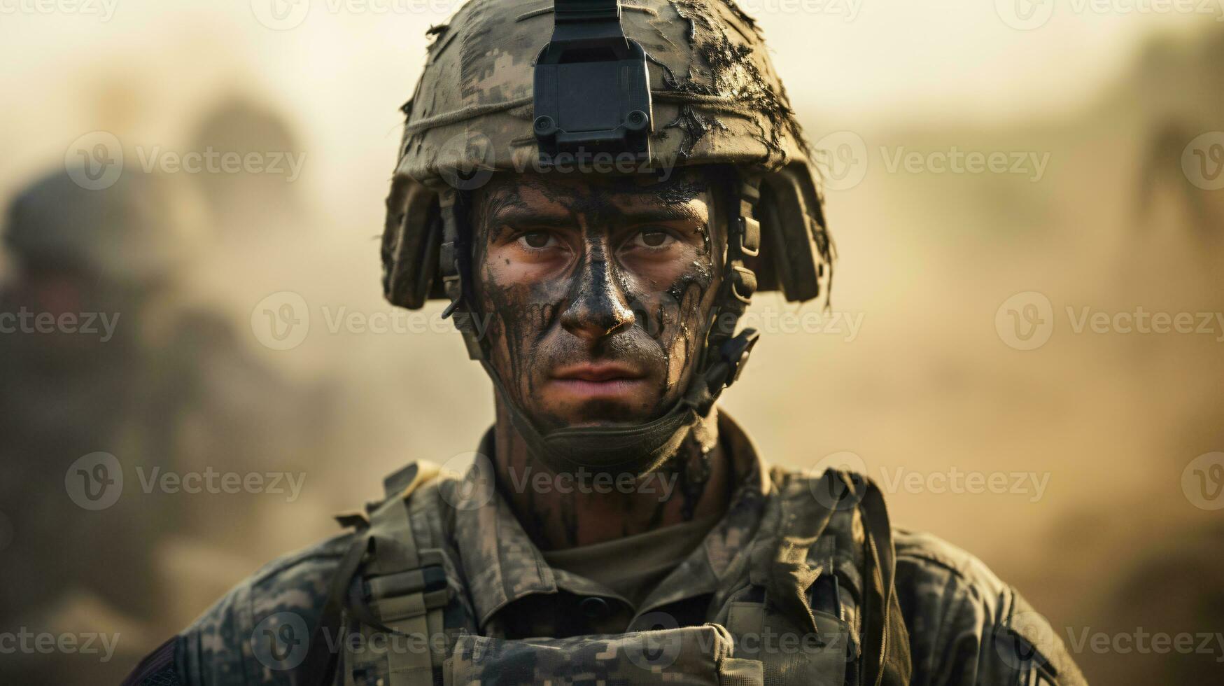 ai gerado retrato do uma soldado dentro uma guerra foto