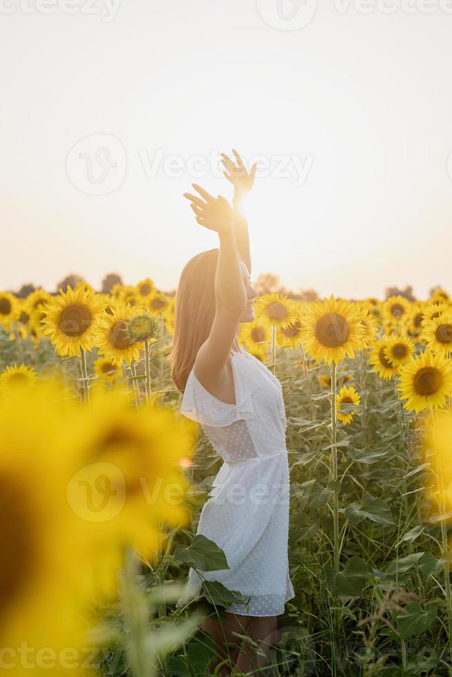 jovem mulher bonita entre girassóis ao pôr do sol foto