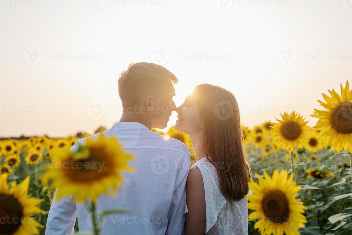 lindo casal caminhando juntos em campos de girassóis ao pôr do sol foto
