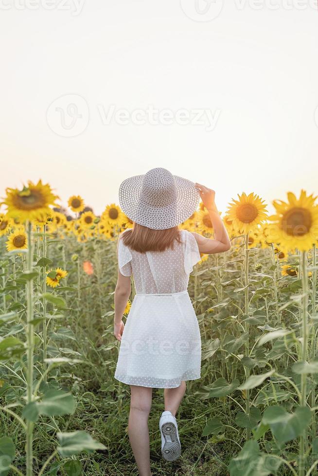 jovem e linda mulher usando um chapéu em pé entre os girassóis no pôr do sol foto