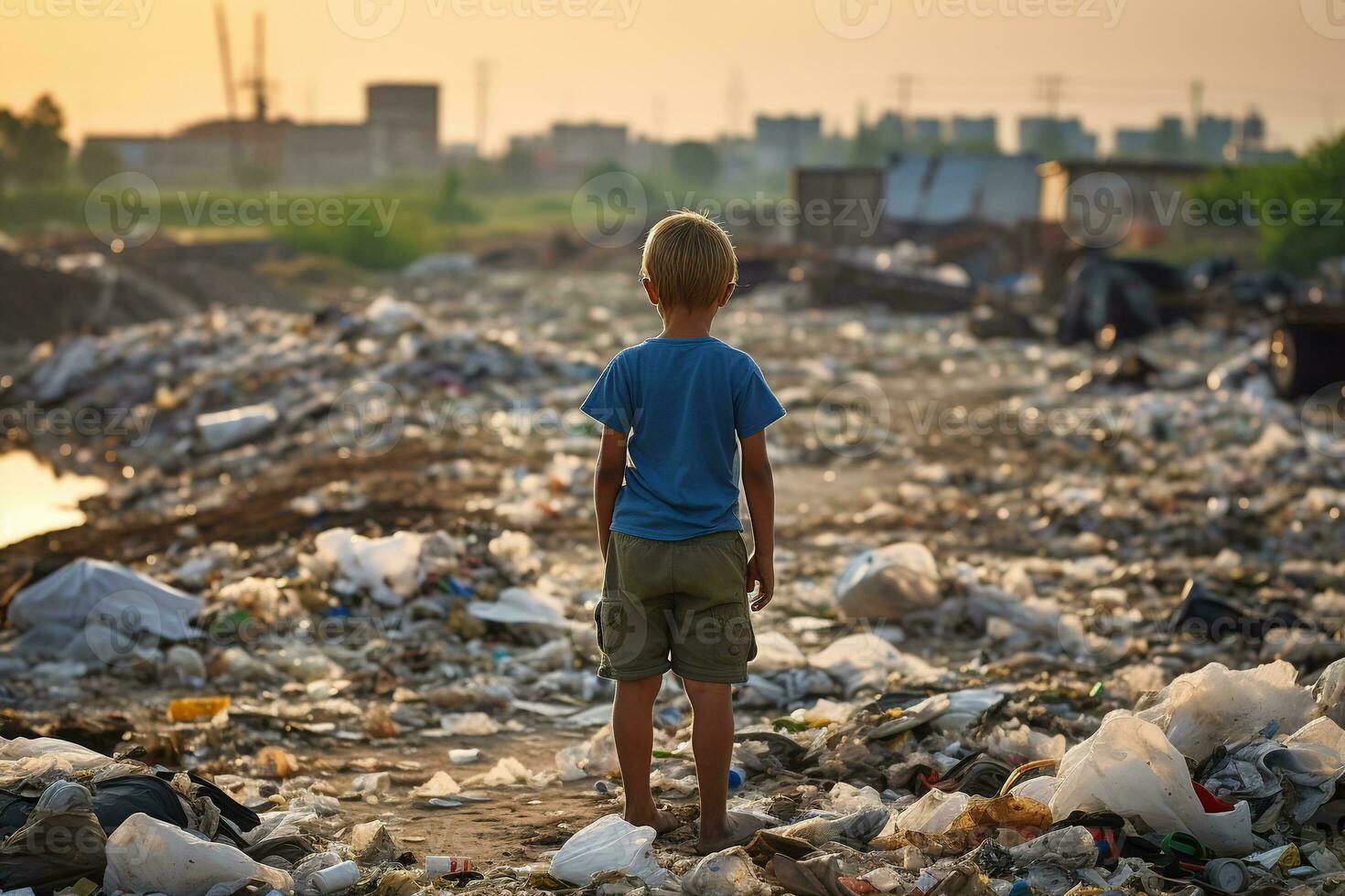 ai gerado pequeno Garoto em pé em uma pilhas do lixo às uma cidade despejo olhando para uma borrado cidade fundo. foto