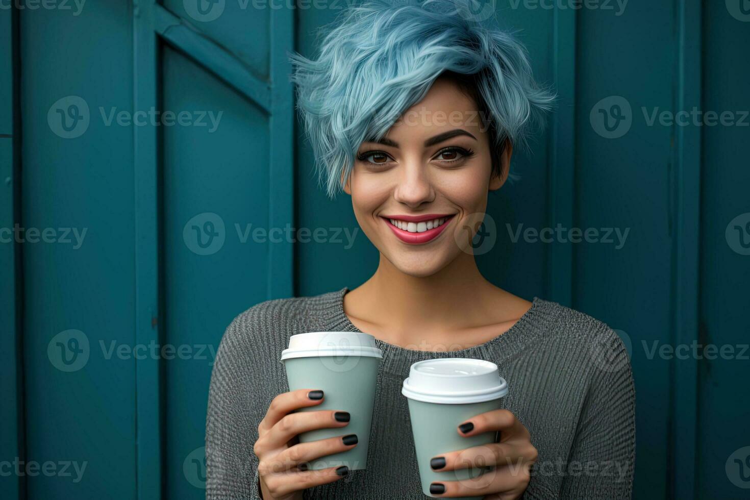 ai gerado jovem encantador sorridente hispânico mulher com curto azul corte de cabelo segurando dois cartão café copos foto