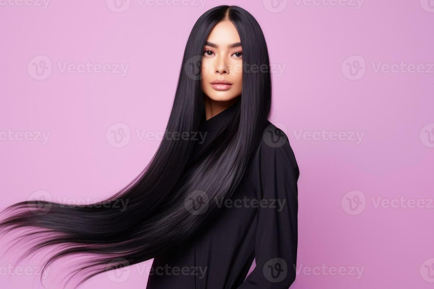 ai gerado elegante mulher com grandes sedoso Preto cabelo moda retrato. foto