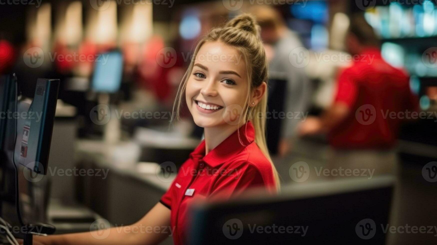 ai gerado amigáveis caixa sorridente às Verificação de saída escrivaninha dentro loja. foto