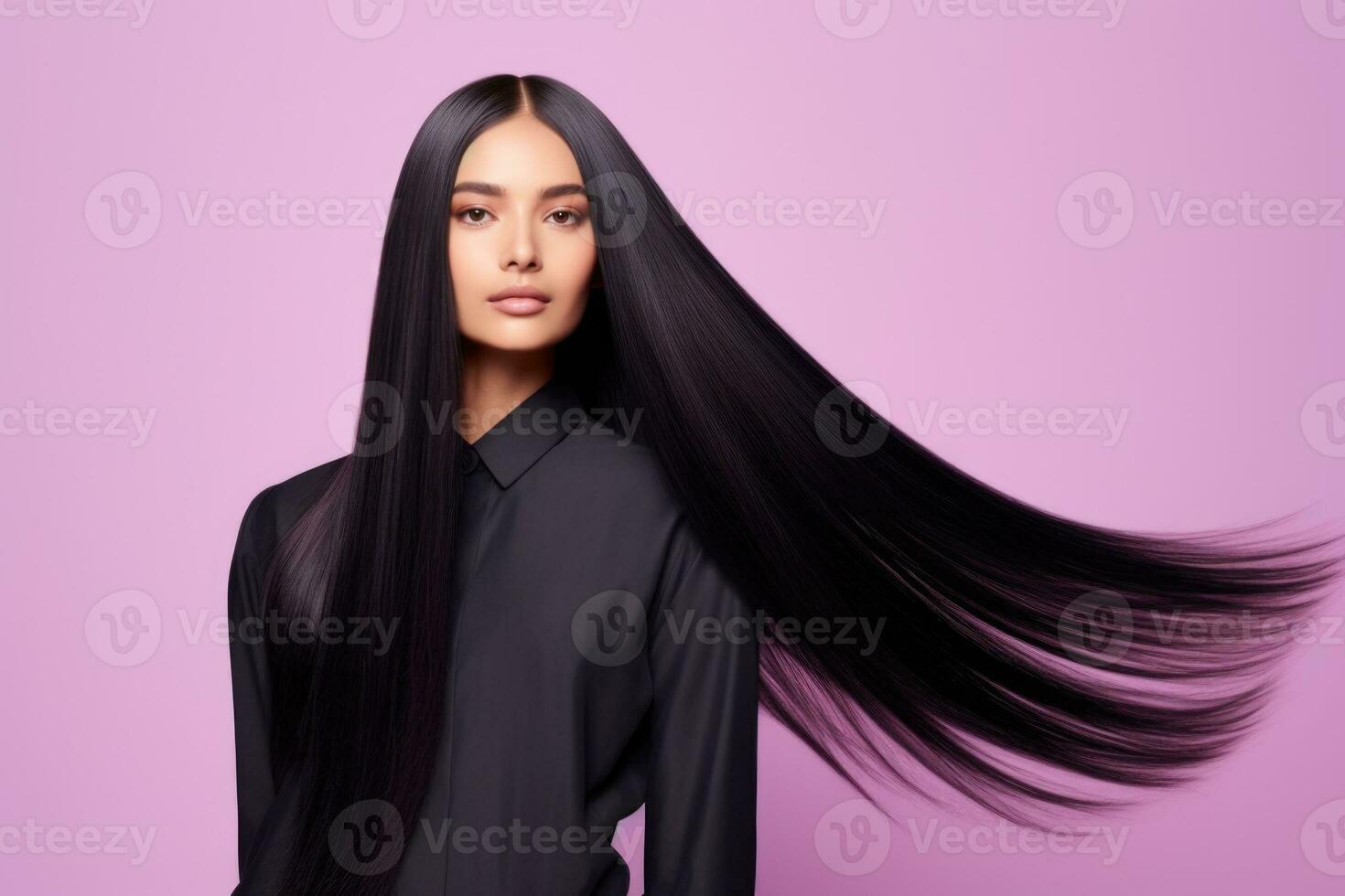 ai gerado elegante mulher com grandes sedoso Preto cabelo moda retrato. foto