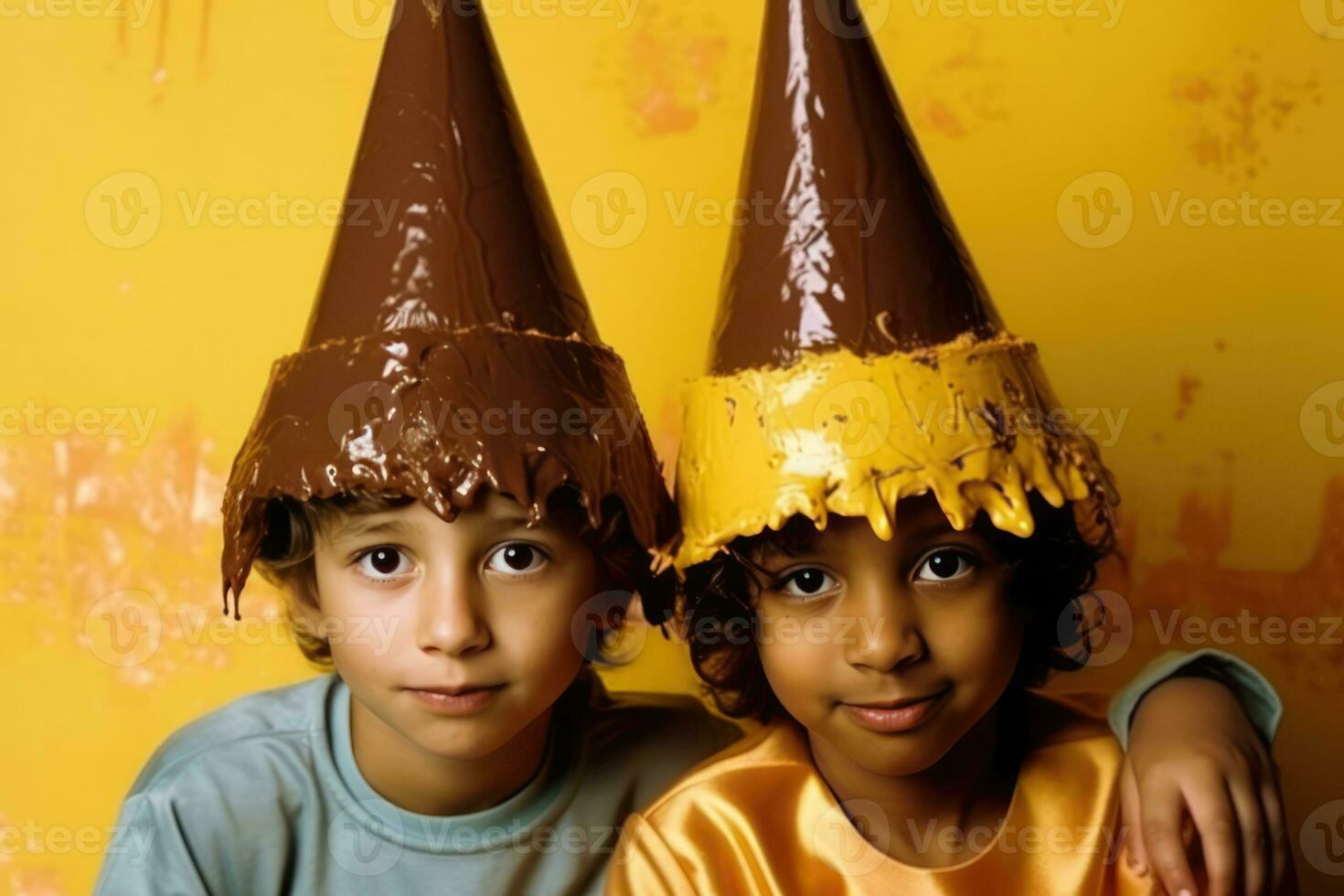 ai gerado dois crianças vestindo chocolate e amendoim manteiga chapéus foto