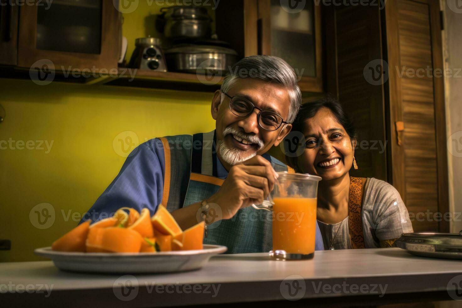 ai gerado a Mais velho homem e mulher posando com recentemente espremido laranja suco foto