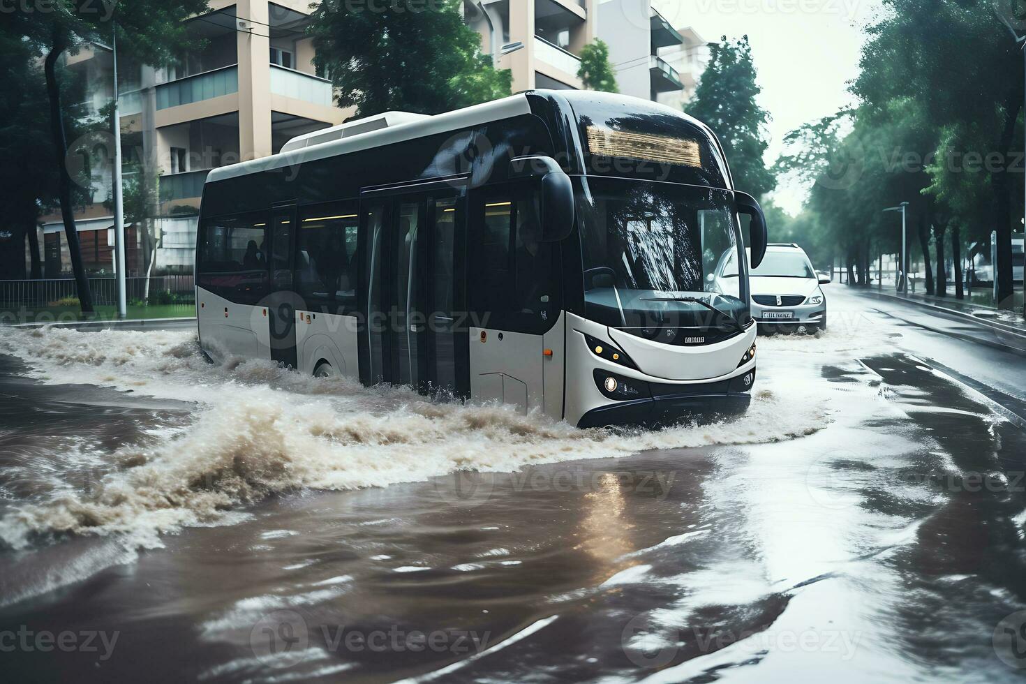 ai gerado uma cidade ônibus drives ao longo uma cidade rua inundado Como uma resultado do uma inundar ou tempestade. foto