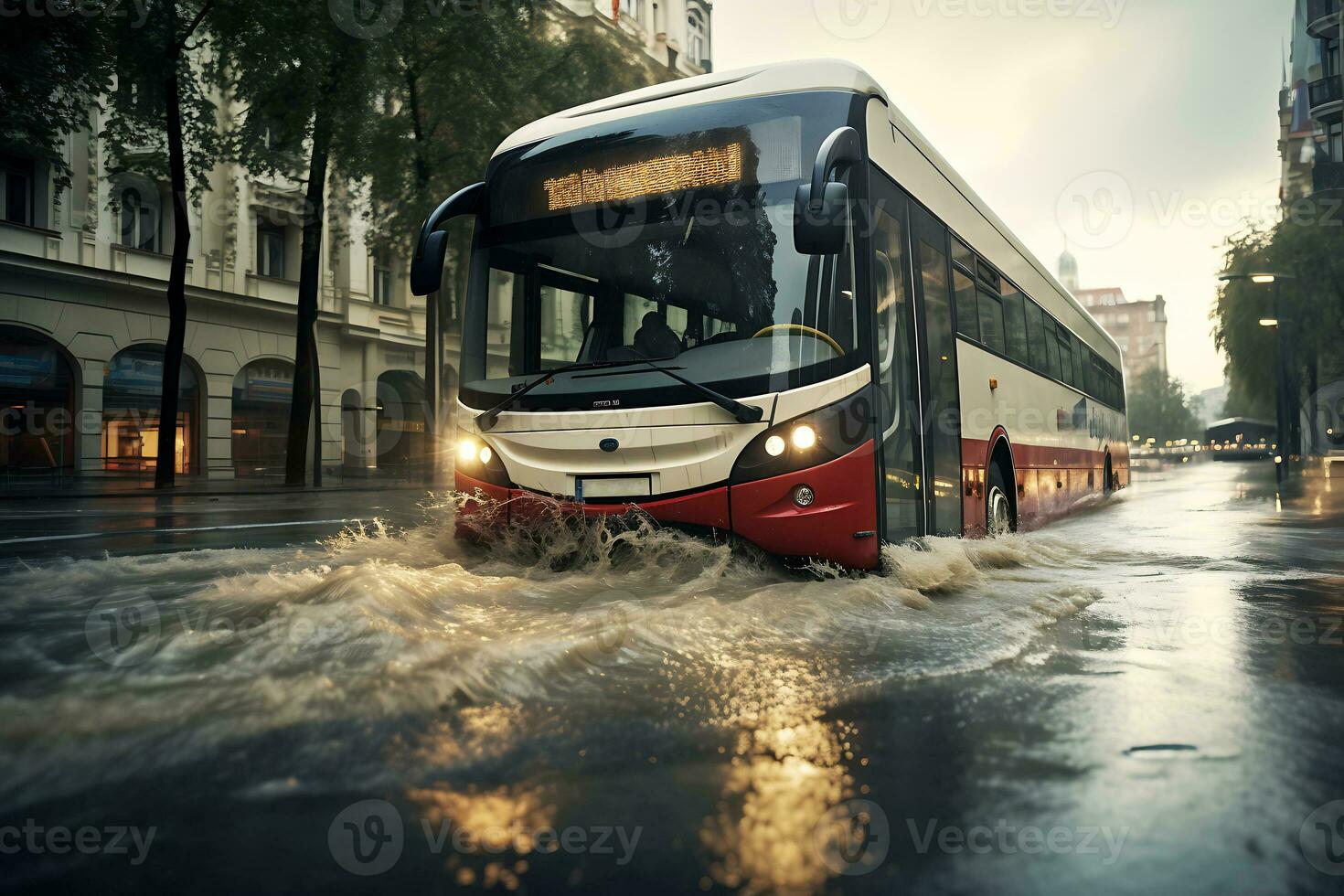 ai gerado uma cidade ônibus drives ao longo uma cidade rua inundado Como uma resultado do uma inundar ou tempestade. foto