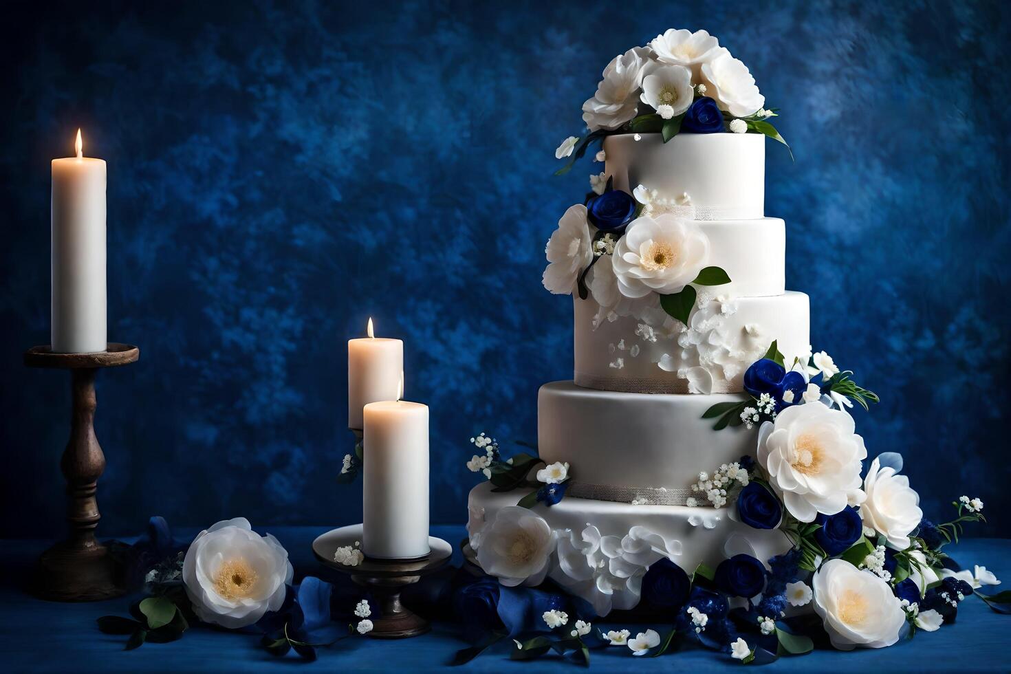 ai gerado uma Casamento bolo com branco flores e velas foto