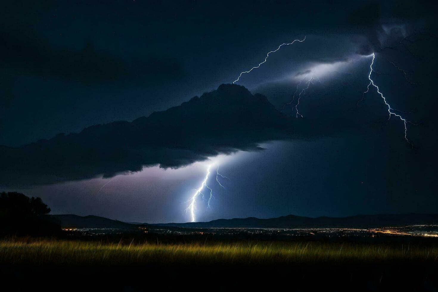 ai gerado relâmpago greves sobre uma campo e montanhas às noite foto