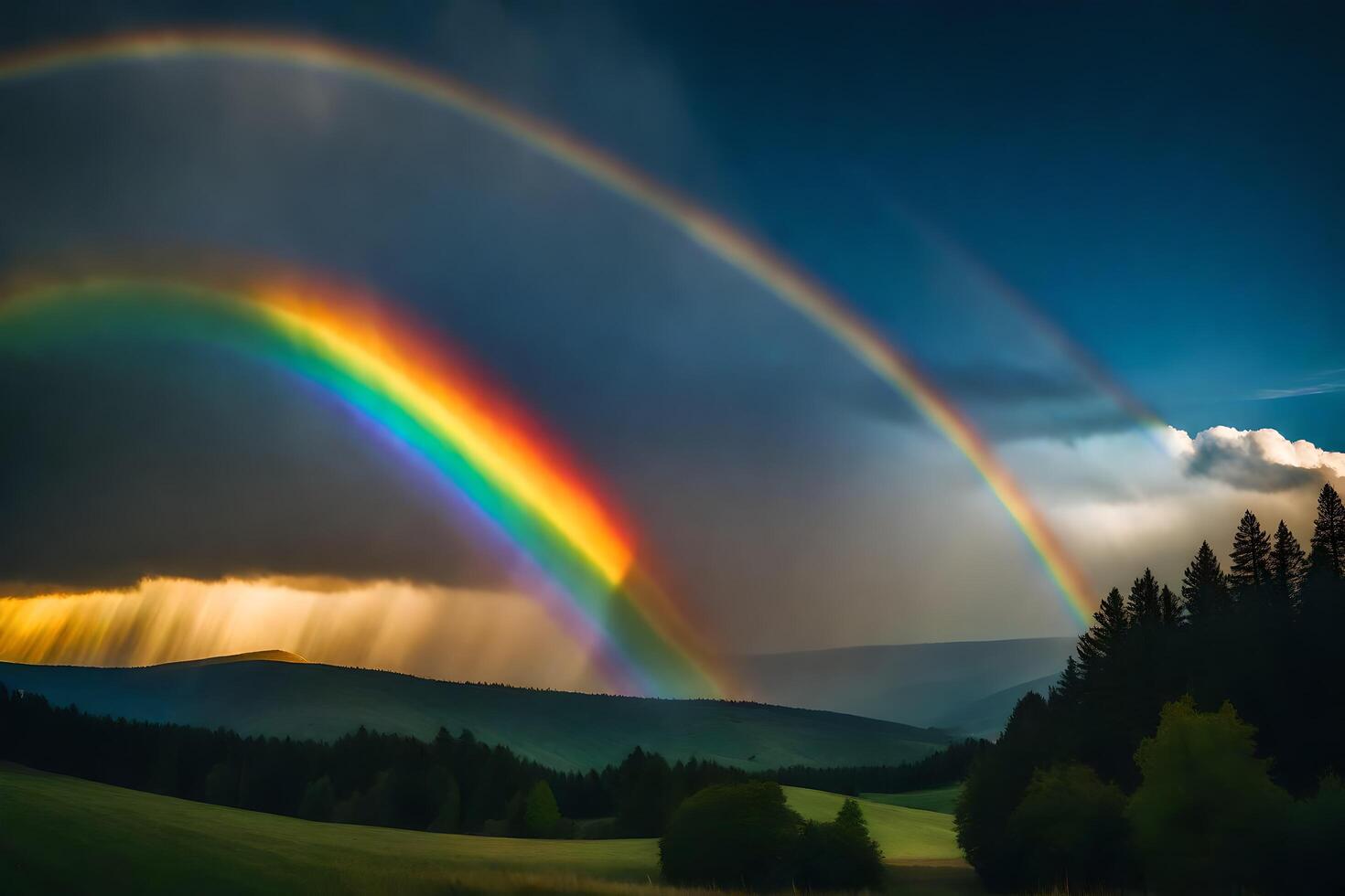 ai gerado uma arco Iris sobre uma campo com árvores e montanhas foto