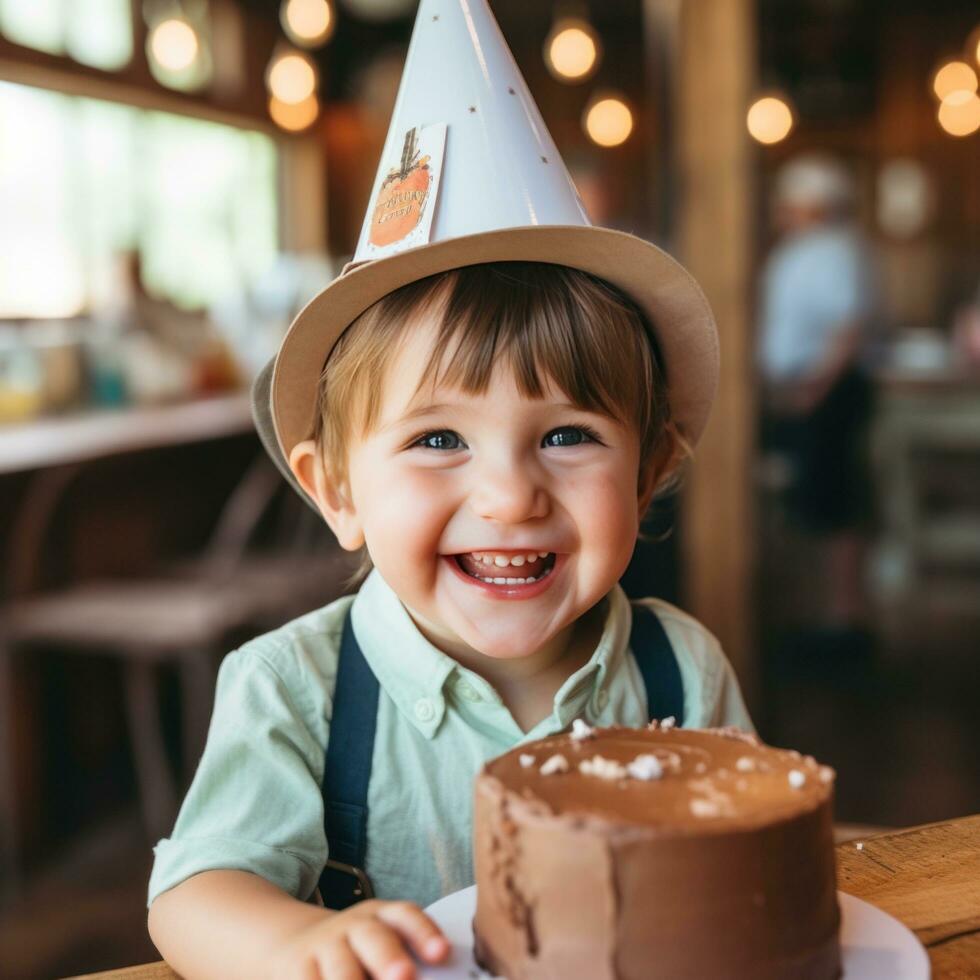 ai gerado a adorável criança pequena vestindo uma festa chapéu e segurando uma fatia do bolo foto