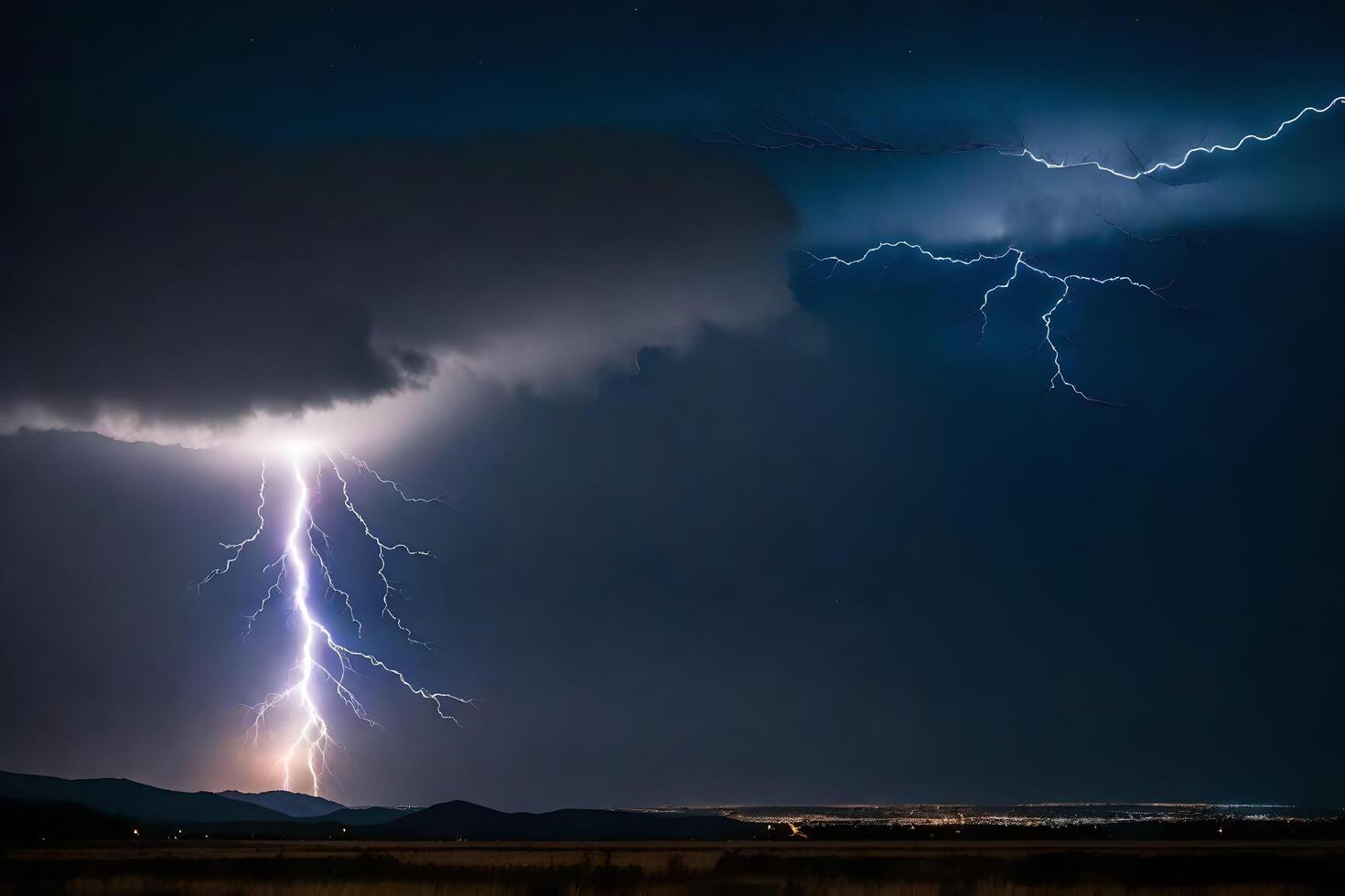 ai gerado relâmpago greves sobre a montanhas dentro a fundo foto