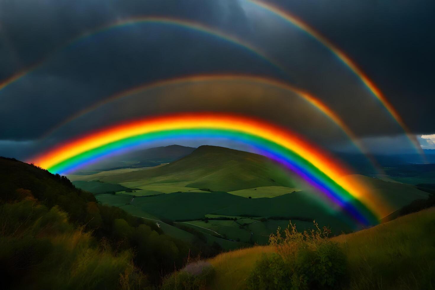 ai gerado uma arco Iris é visto sobre uma montanha alcance foto