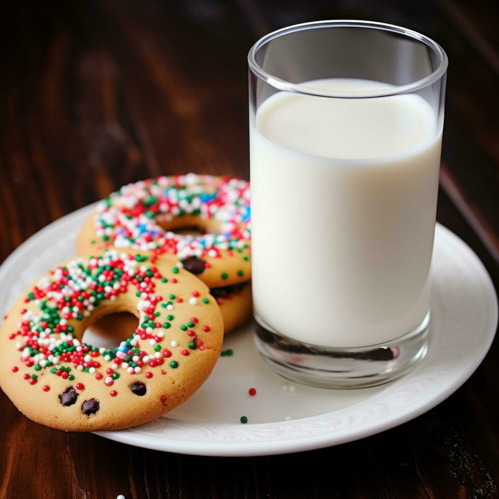 ai gerado vidro do leite e uma prato do recentemente cozido Natal biscoitos, completo com granulados e geada. foto