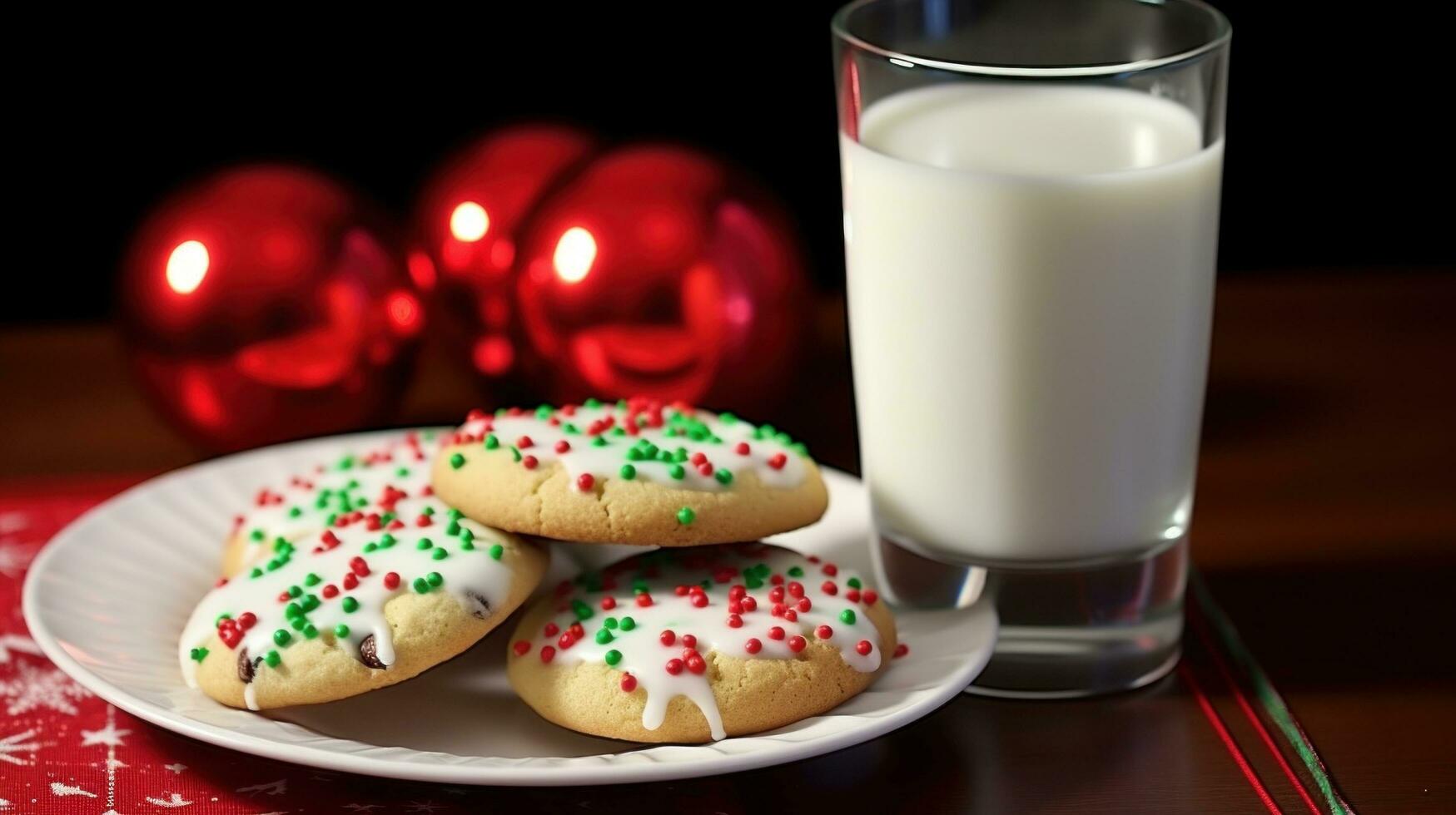 ai gerado vidro do leite e uma prato do recentemente cozido Natal biscoitos, completo com granulados e geada. foto