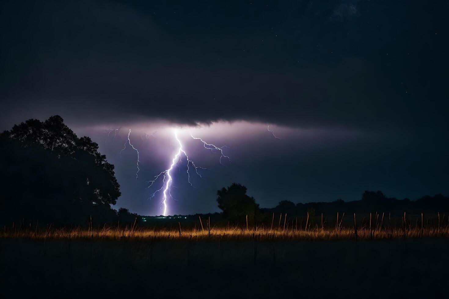 ai gerado relâmpago greves sobre uma campo às noite foto