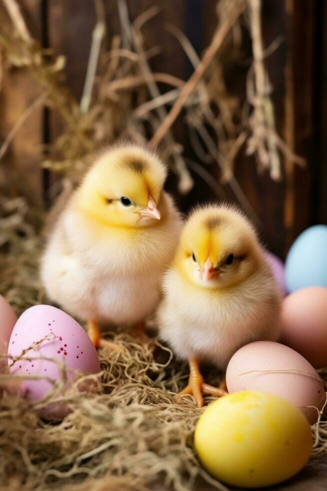 ai gerado fofo Páscoa filhotes e colorida ovos conjunto contra uma rústico fundo. foto