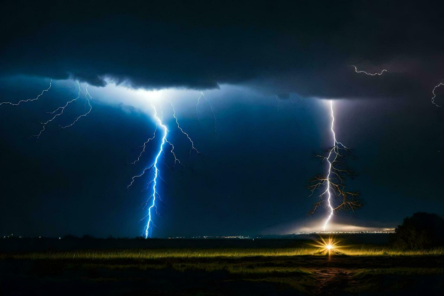 ai gerado relâmpago greves sobre uma campo com uma árvore dentro a fundo foto