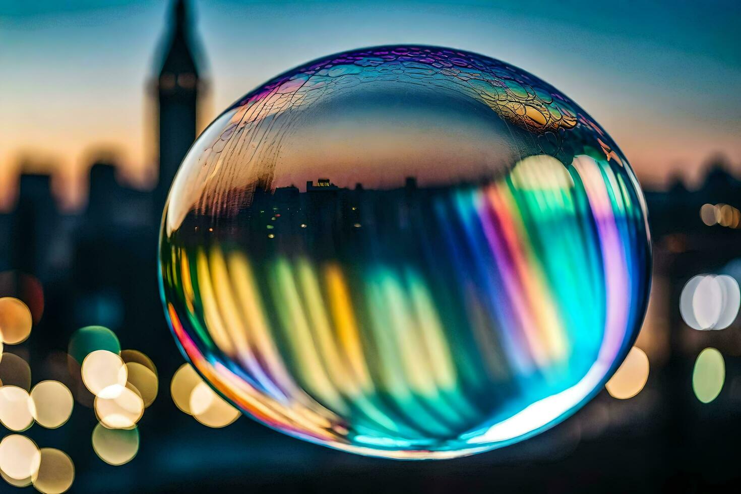 ai gerado uma colorida bolha com a cidade Horizonte dentro a fundo foto