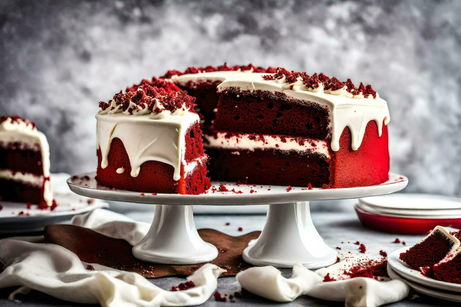 ai gerado vermelho veludo bolo com branco geada foto