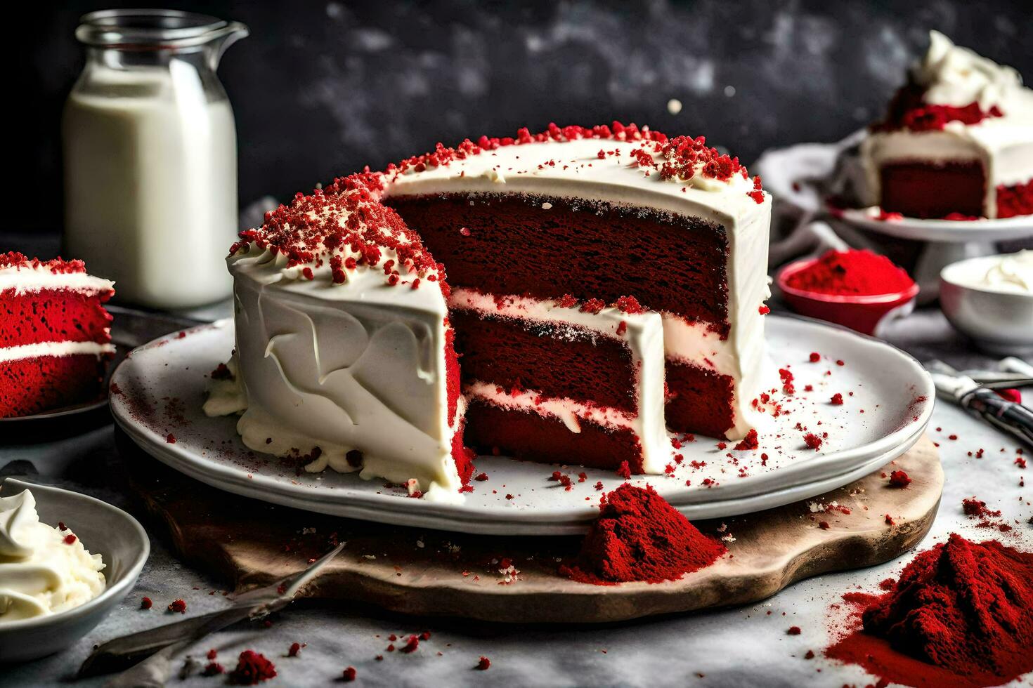 ai gerado uma fatia do vermelho veludo bolo em uma prato foto