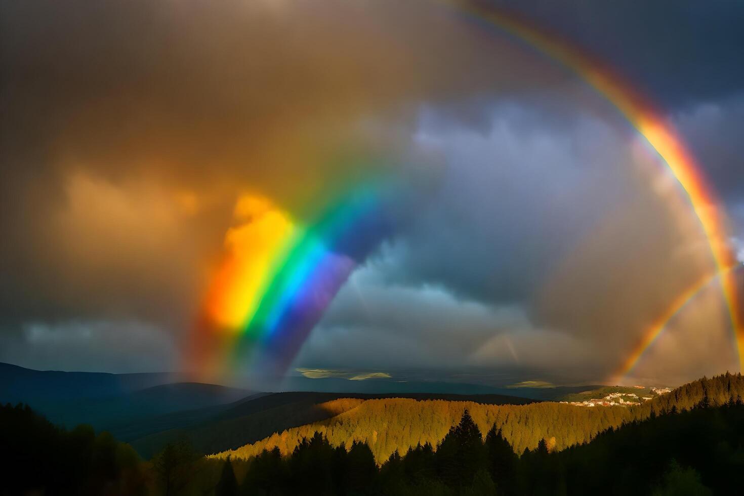 ai gerado uma arco Iris é visto sobre uma montanha alcance com árvores foto