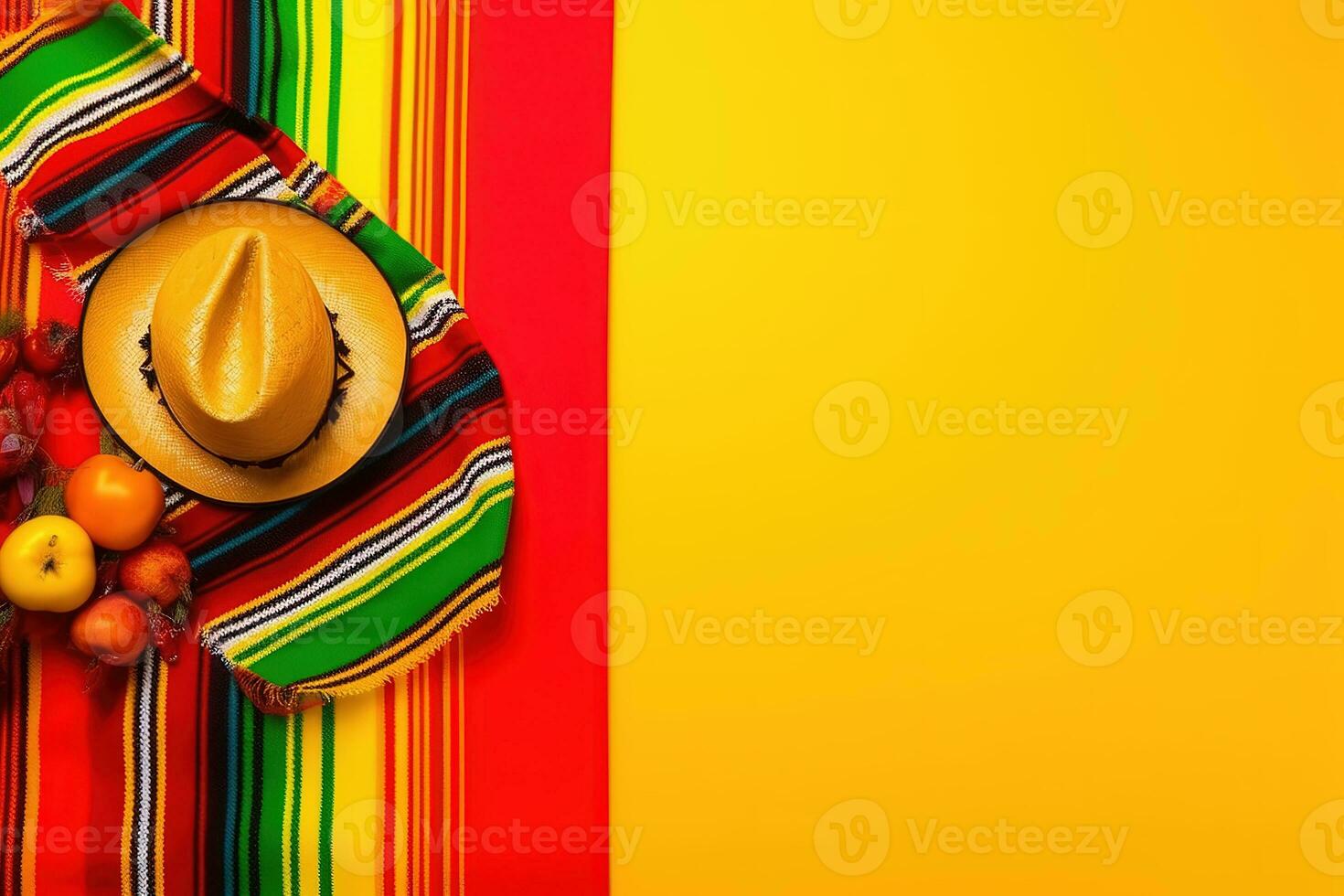 ai gerado mexicano Comida e mexicano chapéu em colorida fundo foto