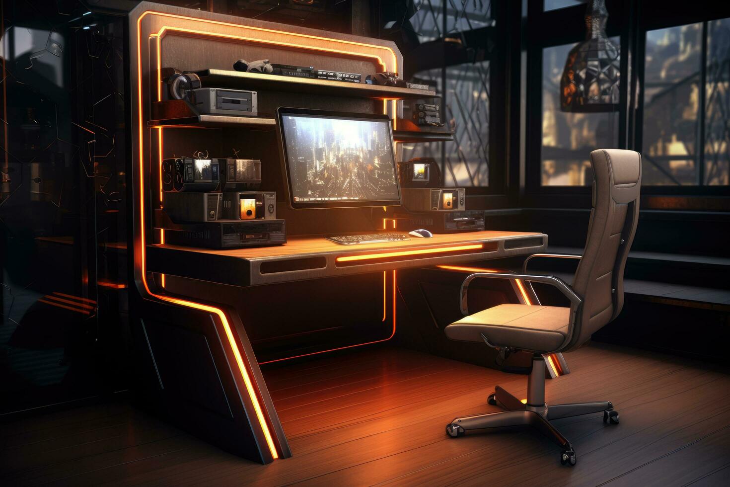 ai gerado futurista jogos quarto com monitores e computadores, 3d Renderização do uma computador quarto com uma muitos do jogos equipamento , ai gerado foto