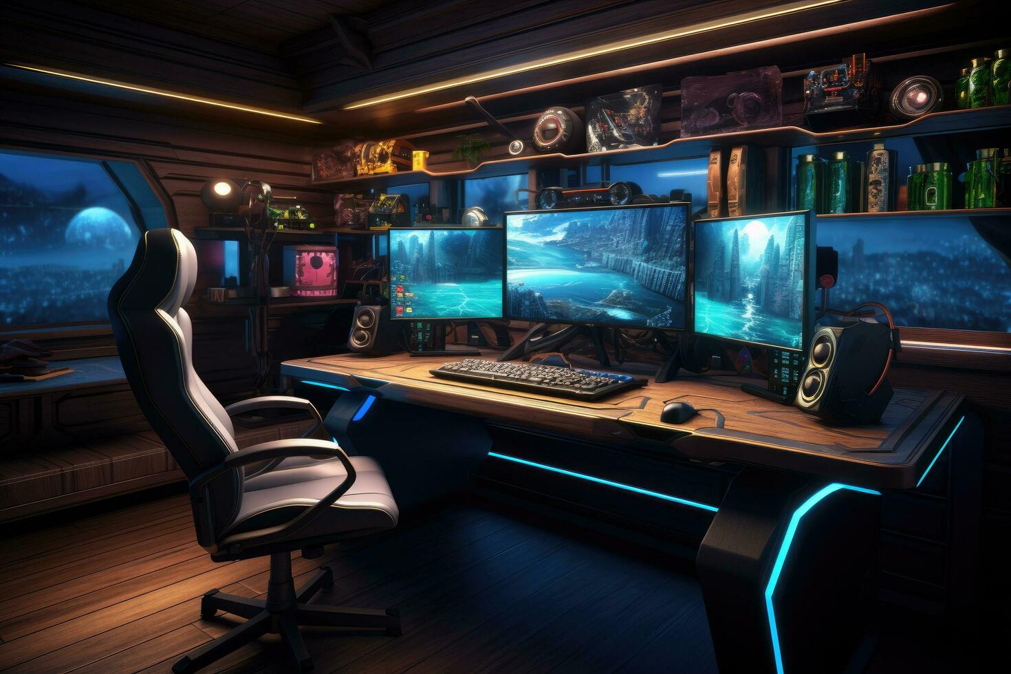 ai gerado futurista jogos quarto com monitores e computadores, 3d Renderização do uma computador quarto com uma muitos do jogos equipamento , ai gerado foto