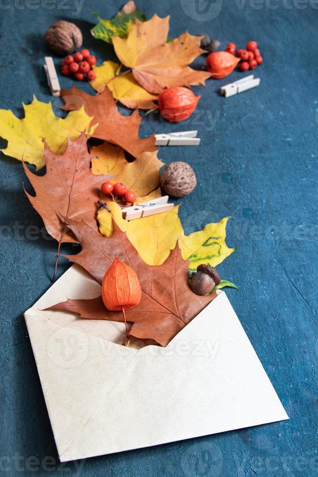 folhas de outono laranjas planas e physalis em um fundo escuro foto