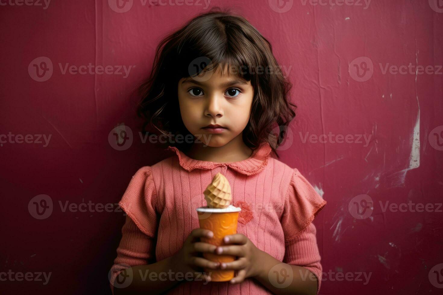 ai gerado uma pequeno menina desfrutando dela copo do gelo creme foto